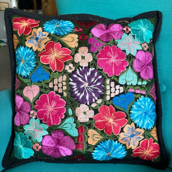 Vintage Floral Jewel Tone Silk Embroidered Accent Pillow - Picture 6 of 7
